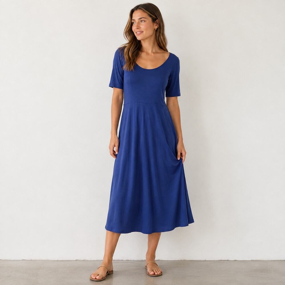 American Giant Women's Short Sleeve Flex Dress Estate Blue Size Large